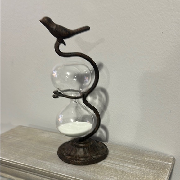 Other - Vintage hourglass with cast iron stand with bird on top.